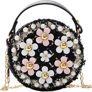 Mini Floral Embellished Black Round Bag